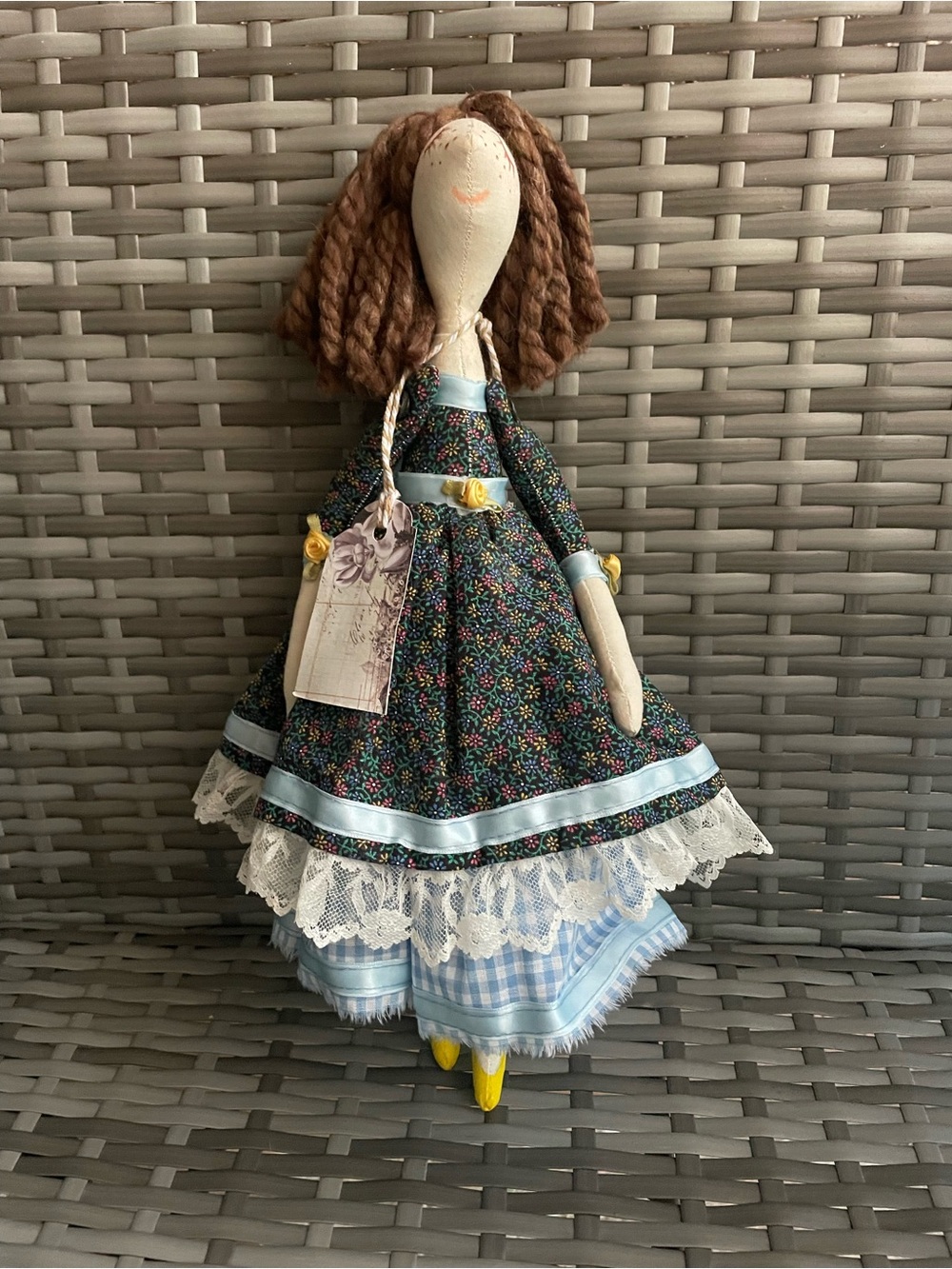 Handmade Floral Rag Doll in Blue Dress - Kids Toy